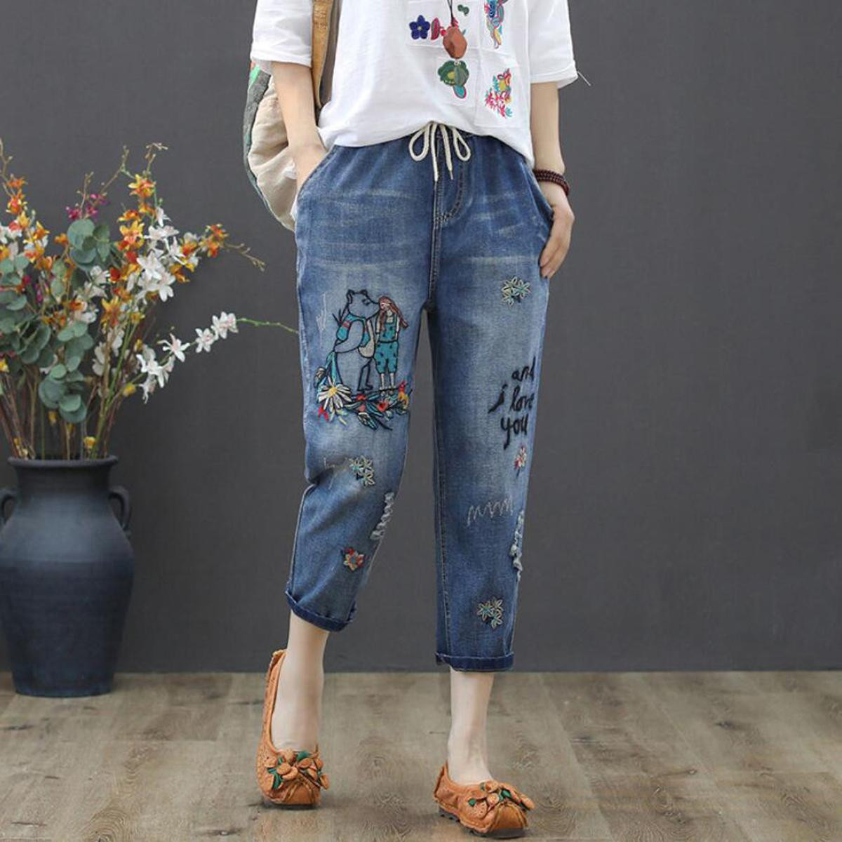Plus Size 26-34 Harem Pants Ankle Ripped Jeans Women Spring Autumn Fashion Vintage Cartoon Bear Little Girl embroidery Denim Jeans For Women Female Casual Frayed Harem Pants Trousers Blue Elasticated